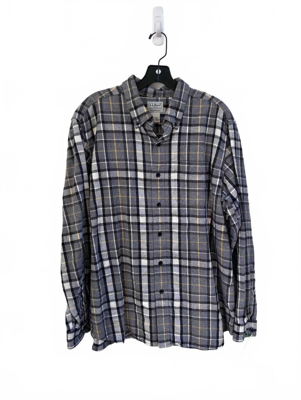 L.L. Bean Gray Plaid Button-Up Flannel Shirt Men's Long Sleeve Large
